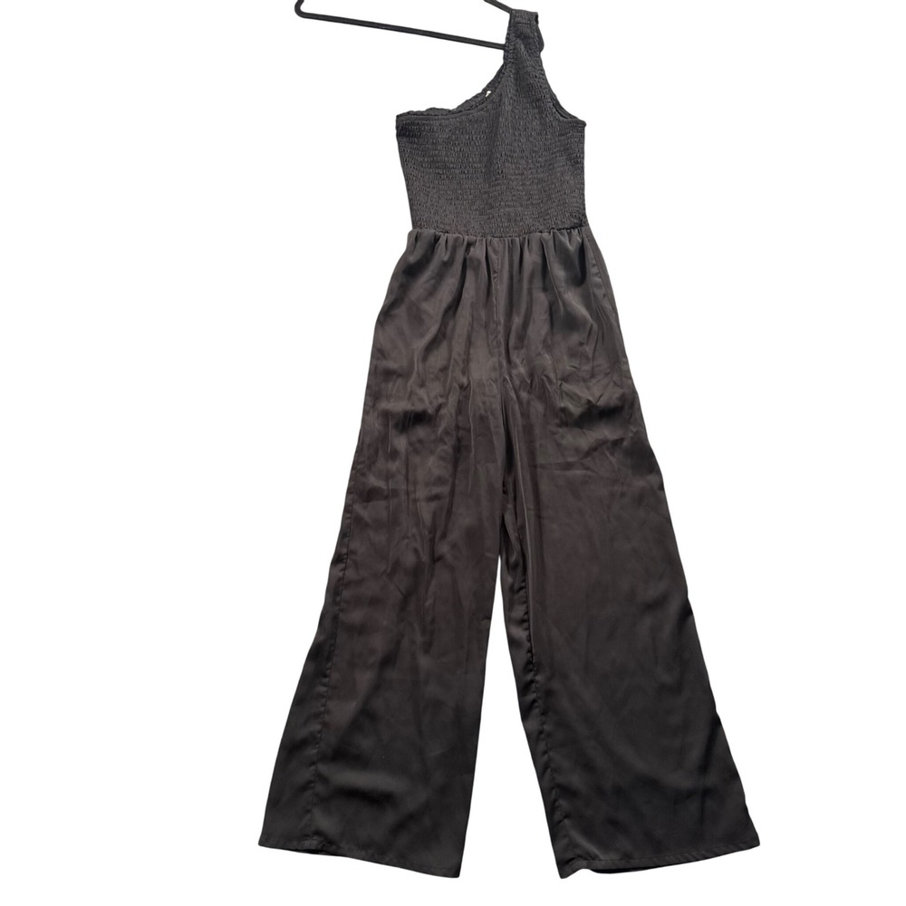 One Shoulder Black Jumpsuit Wide Leg Smocked Minimalist Chic Resort